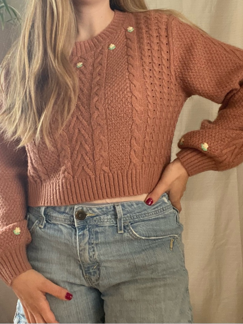 Rust Cropped Cable Knit Sweater Floral Embroidered Cottagecore Aritzia style